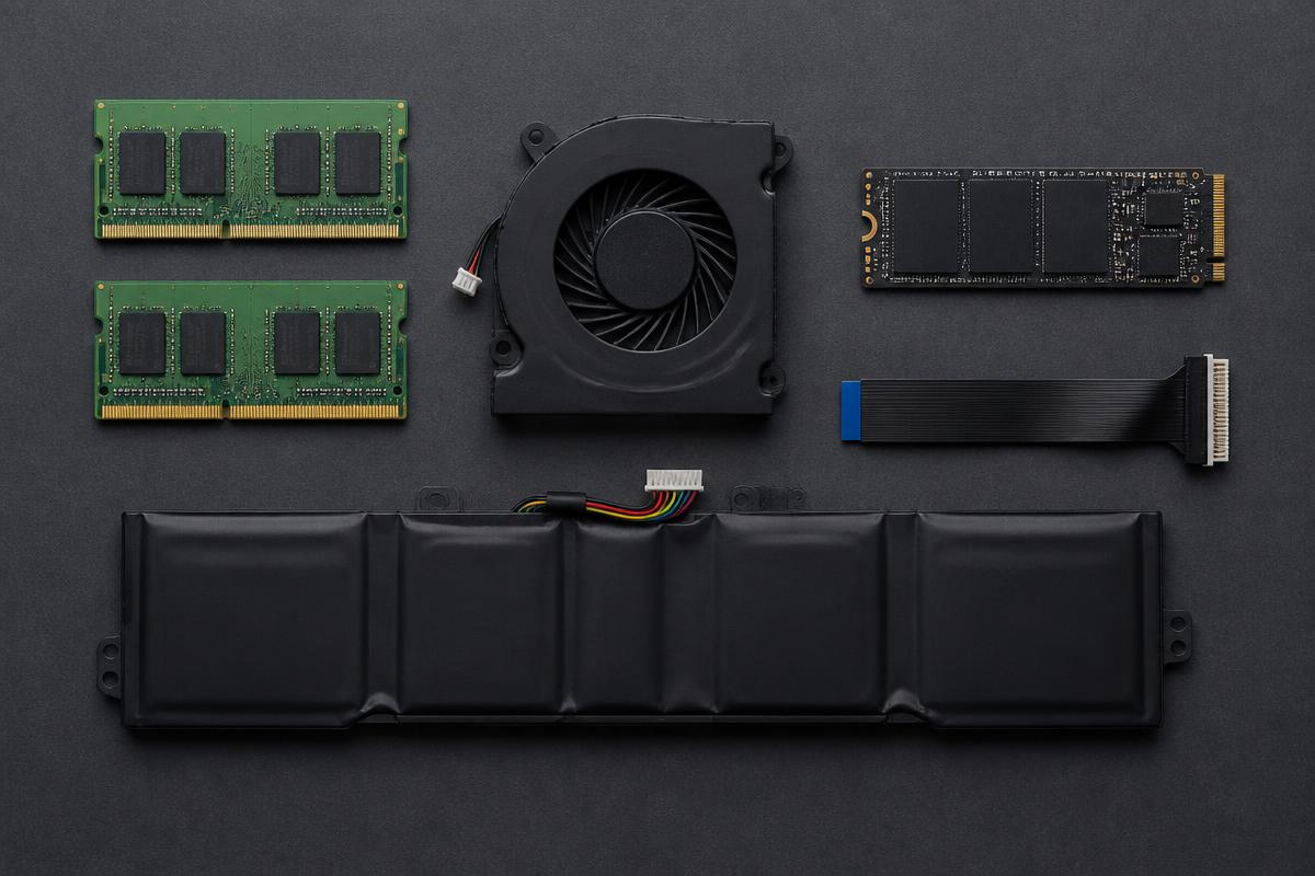 Laptop RAM modules, an SSD, a cooling fan and a battery arranged on a dark workbench surface