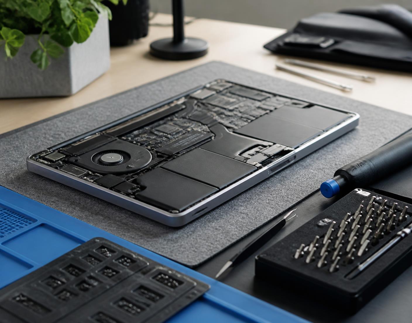 Open laptop with the base panel removed on a repair bench, next to precision screwdrivers and tweezers