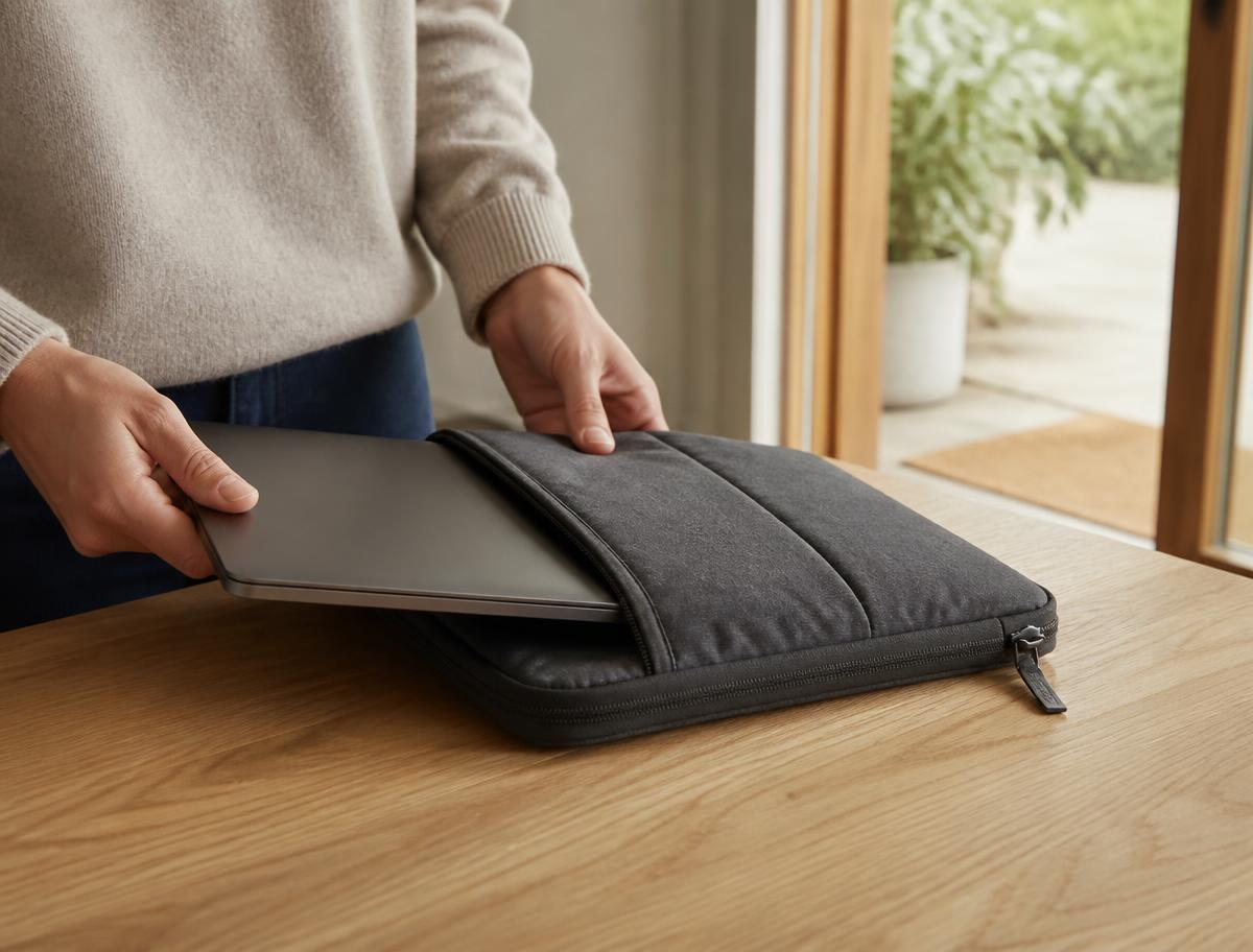 A laptop being slid into a padded sleeve on a table before pickup